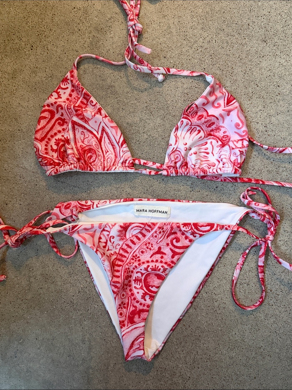 Mara Hoffman Red and White Paisley Tie-Side Bikini